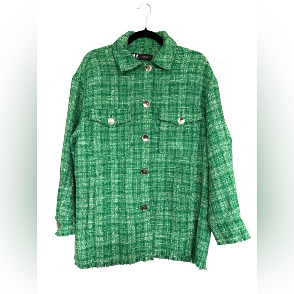 Zara Green Tweed Plaid Oversized Shirt Size Medium